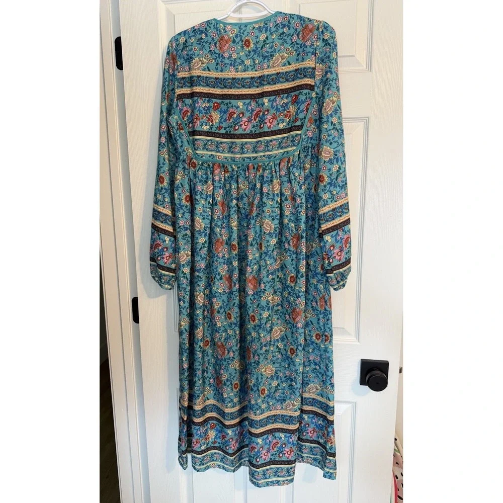 Y2K Blue Floral Tassel Tie Long Sleeve Cottage Bohemian Womens Midi Dress Sz M